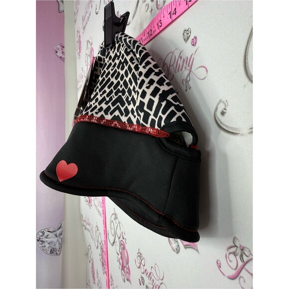 Black & White Patterned Running Beanie with Red Heart